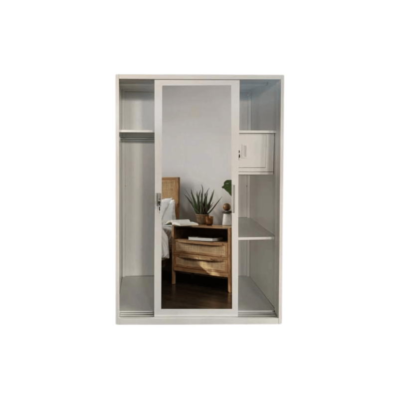 Lupin 2 Door Metal Sliding Wardrobe, showcasing its sleek metal design and spacious interior, ideal for organizing your clothes and accessories.