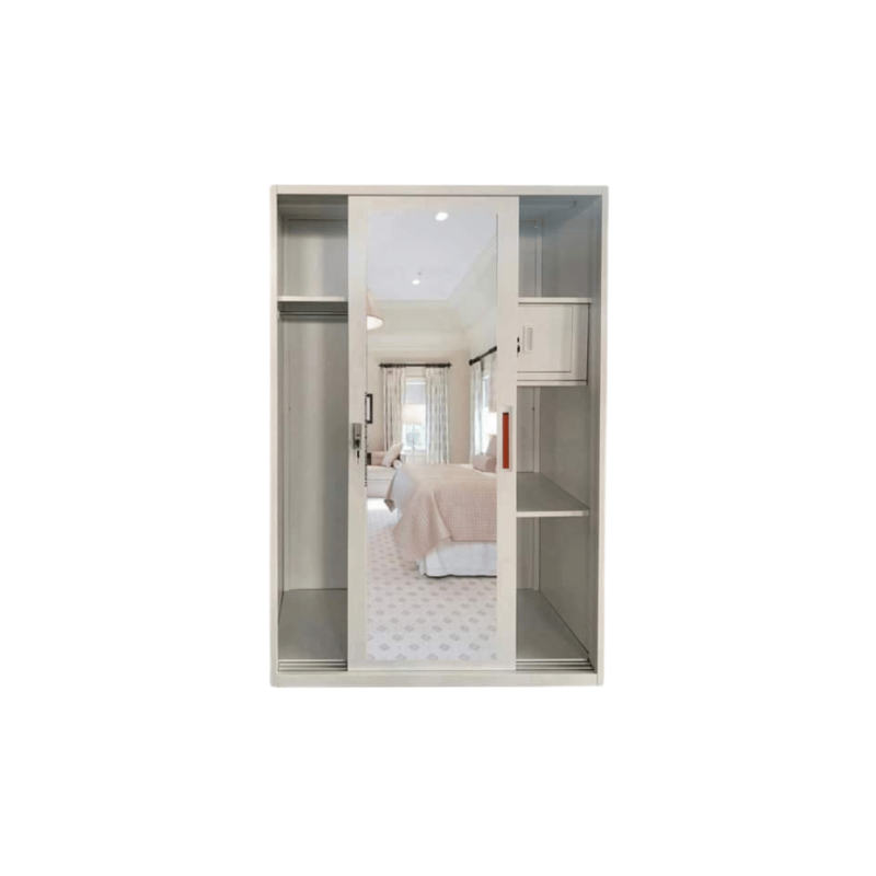 Nixie Metal Sliding Wardrobe, showcasing its modern metal construction and spacious interior, perfect for organizing your clothes and accessories.