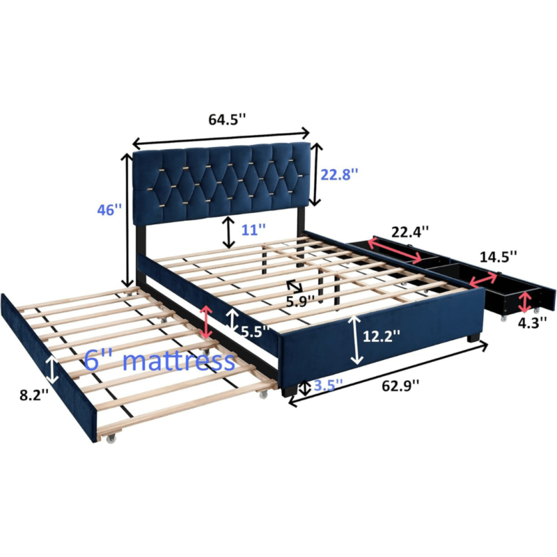 Blue American Bed Frame with Single Pull-out and Storage - Stylish and Functional Bed Design
