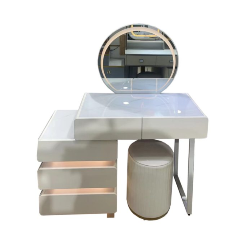 Miles Dressing Table with LED and Stool - Modern Design, Bright Lighting, and Ample Storage for a Luxurious Beauty Routine.