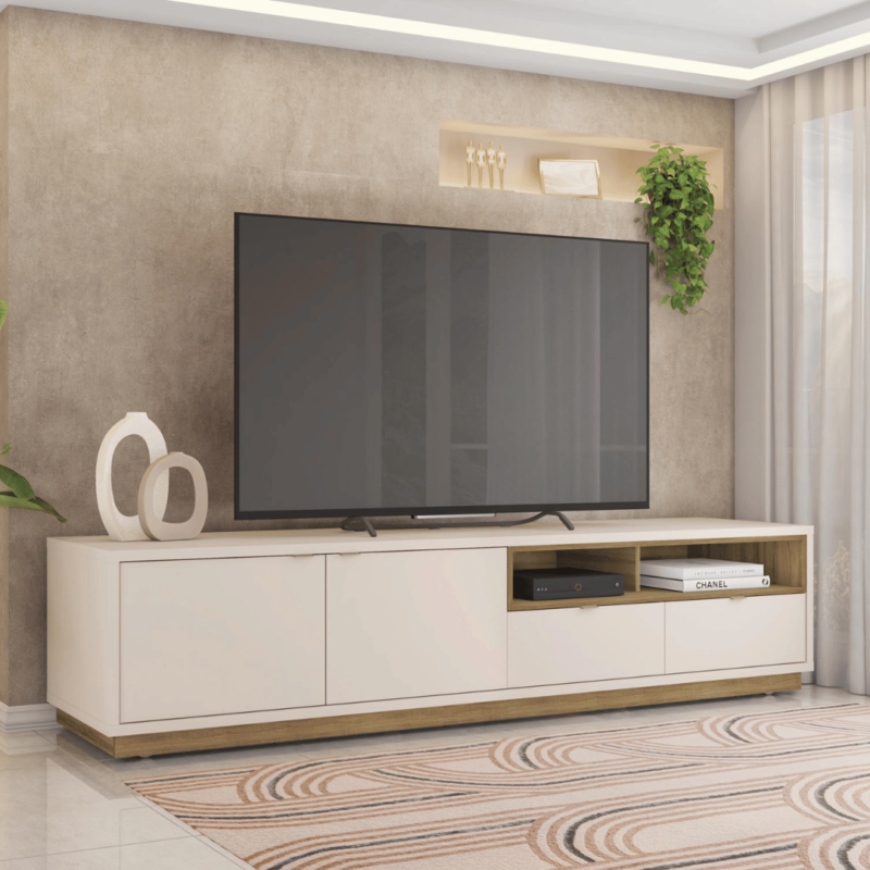 Brenda TV Rack: Modern Design and Ample Storage for Entertainment Devices and Accessories.