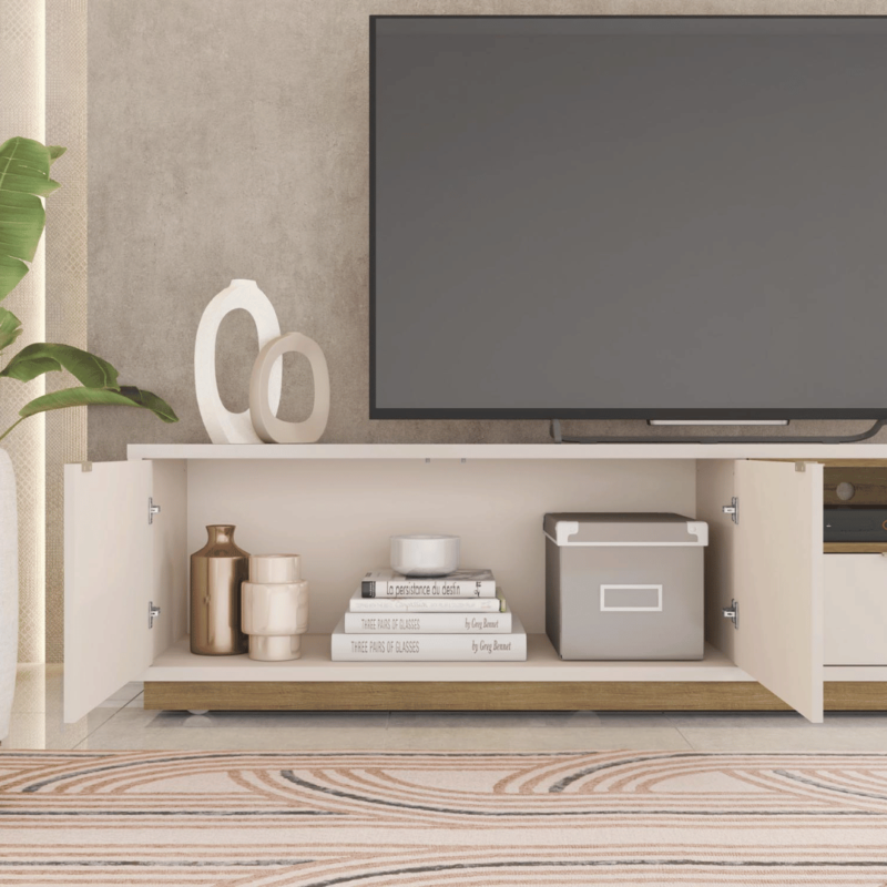 Brenda TV Rack: Modern Design and Ample Storage for Entertainment Devices and Accessories.