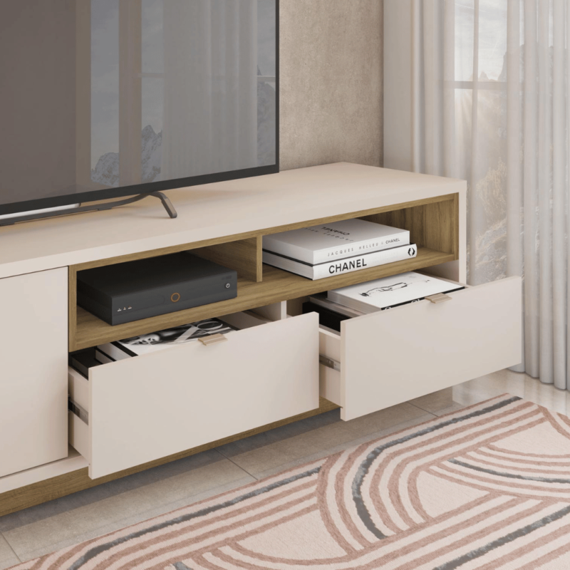 Brenda TV Rack: Modern Design and Ample Storage for Entertainment Devices and Accessories.