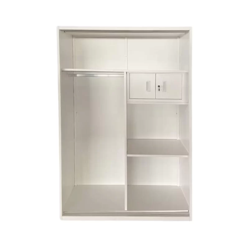 Galaxy 2-Door Sliding Metal Wardrobe in modern design with sleek silver finish, featuring two sliding doors and spacious interior storage.