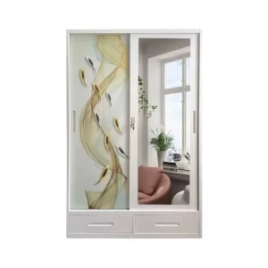 Gold 2-Door Sliding Metal Wardrobe featuring a sleek gold finish, modern design, and spacious interior with sliding doors for efficient storage.